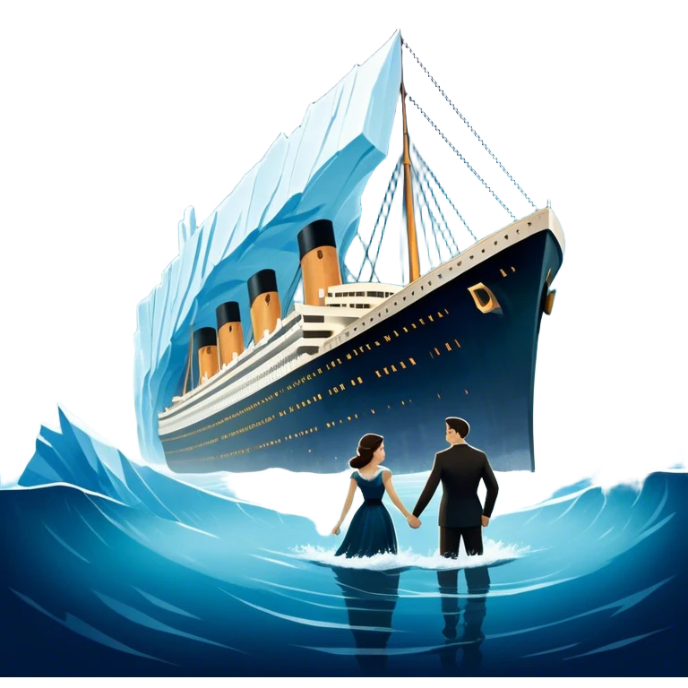 Icon for Titanic Movie: A vintage movie poster-style design featuring a dramatic scene of the ship, the iceberg, and a romantic silhouette of the main couple. Include elements like the ship’s bow, water splashes, and a starry sky in the background. Retro cinematic feel. Transparent background. emoji