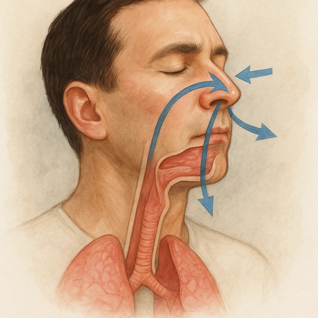 realistic illustration of a person deeply inhaling through the nose with arrows showing airflow, caption in Italian emoji