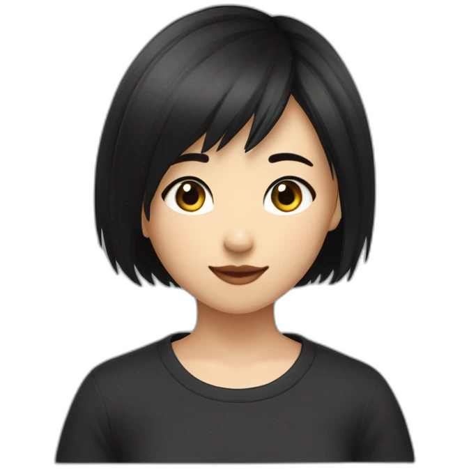 a girl with short black wolf cut hair, asian-europoid eyes, black tshirt emoji