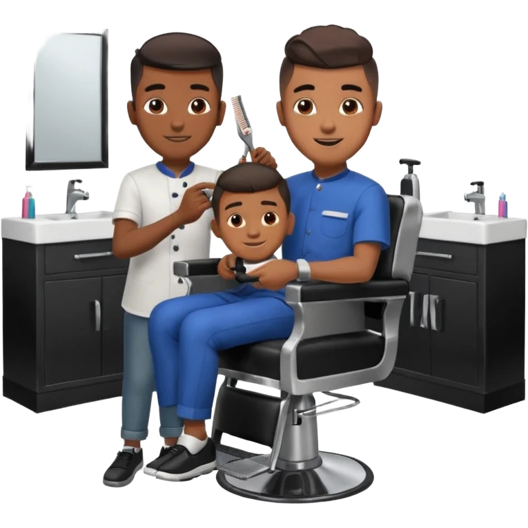 Barber cutting boys hair. Show the boy sat in black barber chair and both having smiles on their faces emoji