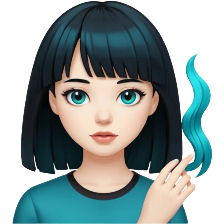 girl with black hair and the hair transforming into black hair with bangs that are half teal emoji