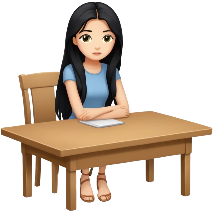White girl full body sitting at table with black hair looking away emoji