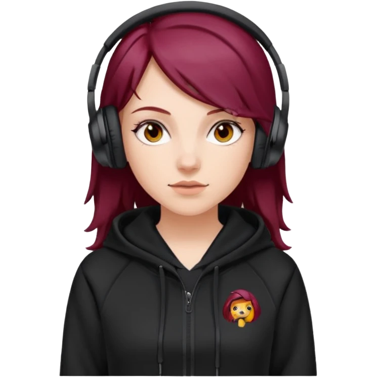 white girl with burgundy hair, black deportive hoodie and black headphones emoji