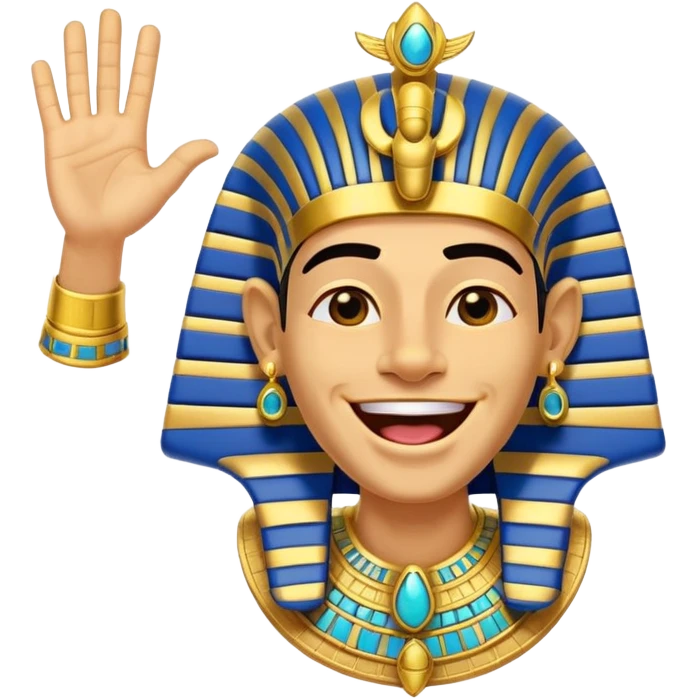 Animated sticker of a funny Ancient Egyptian Pharaoh laughing and energetically waving his hand, welcoming new members, cartoonish style, colorful with shiny gold details, expressive face, small and clear for Discord use, playful and lively motion.
 emoji
