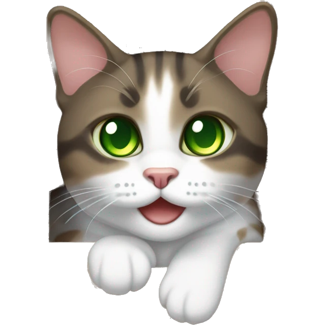 Dark Brown and white tabby cat with green eyes, in a box emoji