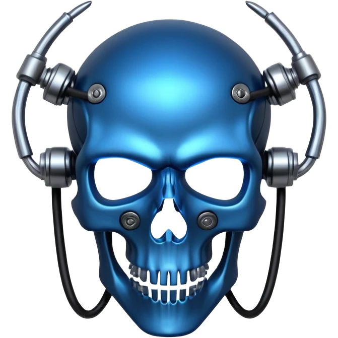 Cyberpunk shield, skull with cybernetic implants, glowing wires, dark electric blue and black tones, no background emoji