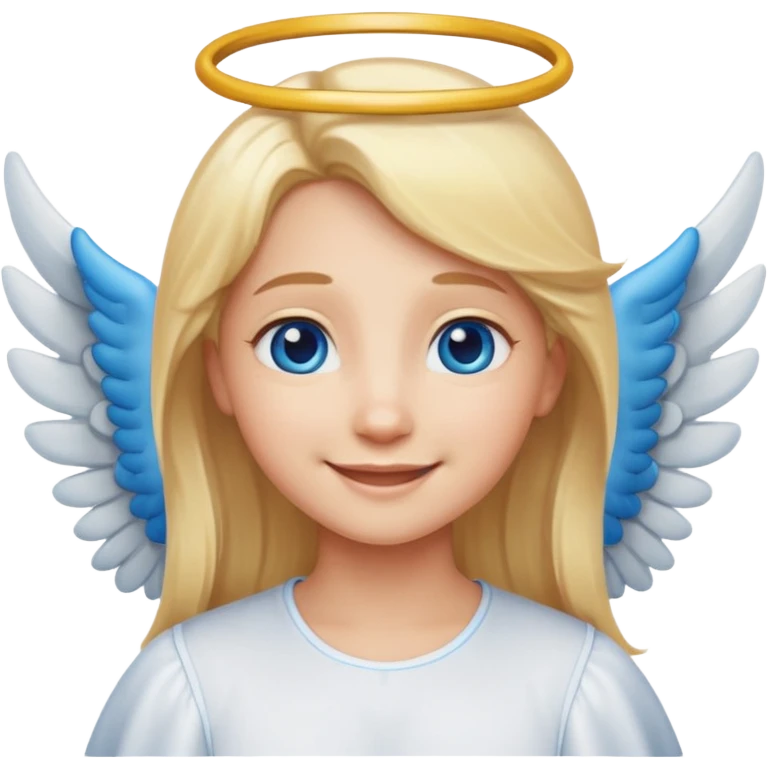 angel emoji blonde hair, blue eyes and smiling, larger wings with darker outline on them and bigger smile and more smiley eyes emoji