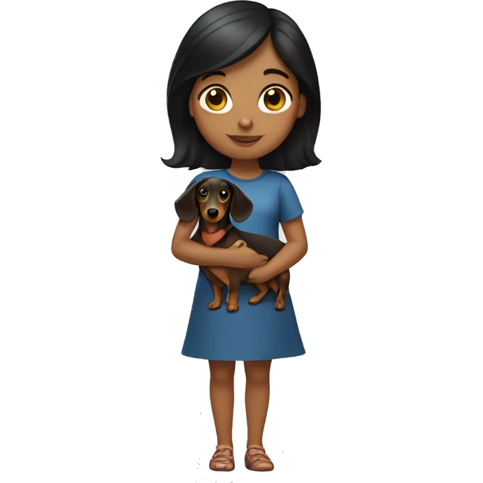 a girl with dark hair and a dachshund in her hands emoji