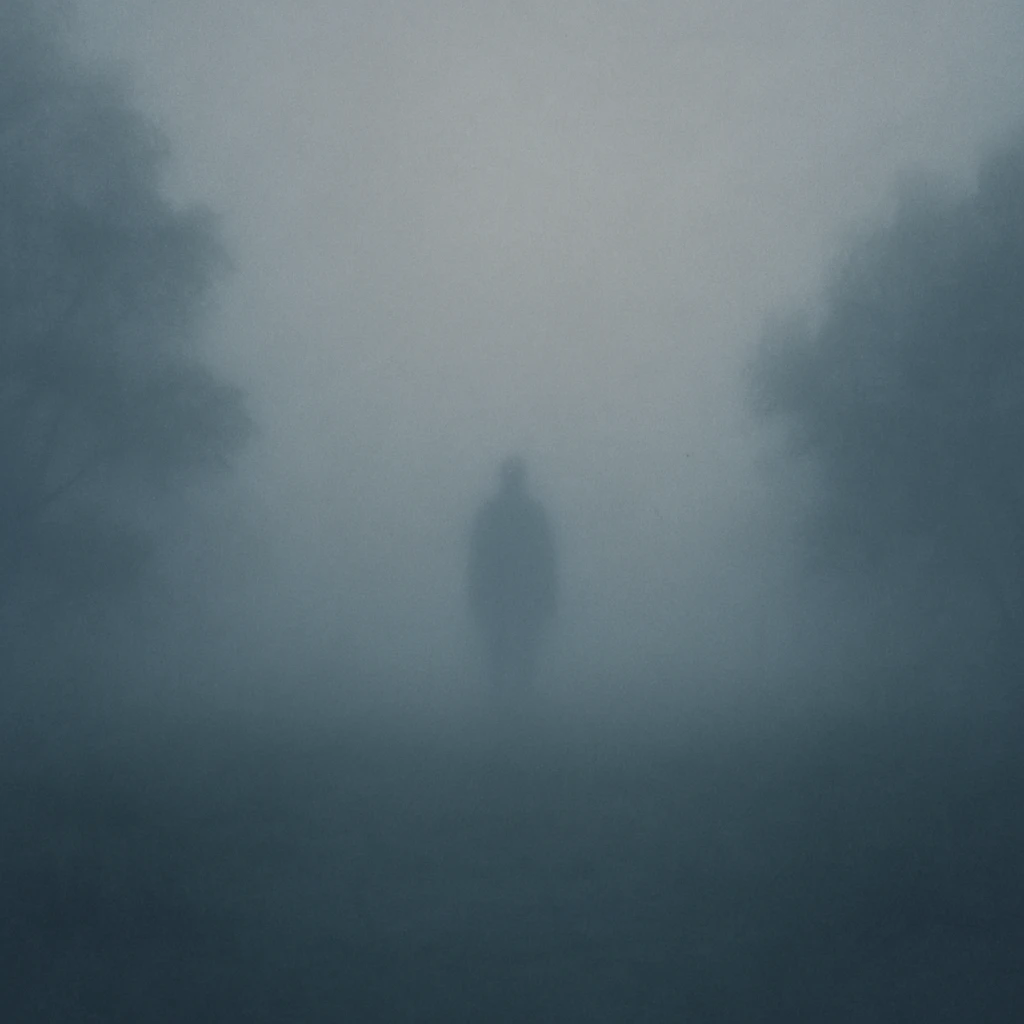 A foggy landscape with a mysterious silhouette in the distance, foggy style. emoji