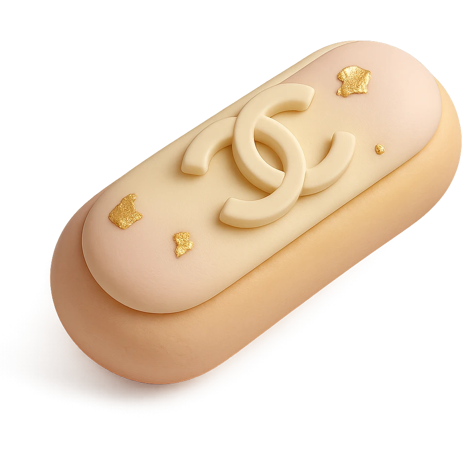 pastel Chanel éclair with gold leaf and logo, fondant cake art style emoji