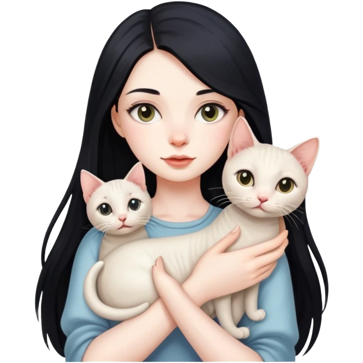 beautiful girl with long black hair holding a hairless cat emoji