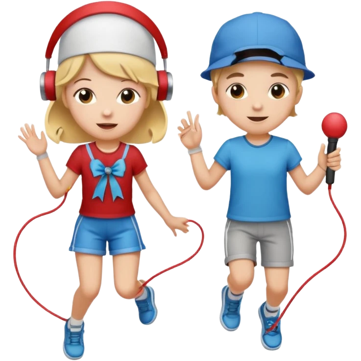 Show three big emojis: 👧🏻🎀 (the doll singing), 😀👕4️⃣5️⃣6️⃣🤾 (a player jumping rope), 👦🏻🧢 (child figure). emoji