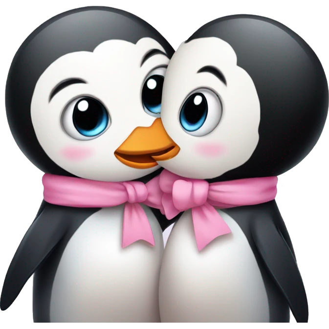 girl penguin with pink bow on head and boy penguin hug and kiss emoji