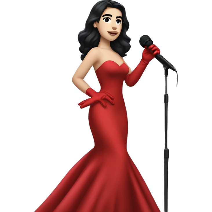 Dua Lipa, with dark hair, wearing a red gown with red gloves, singing with a microphone on her hand. emoji