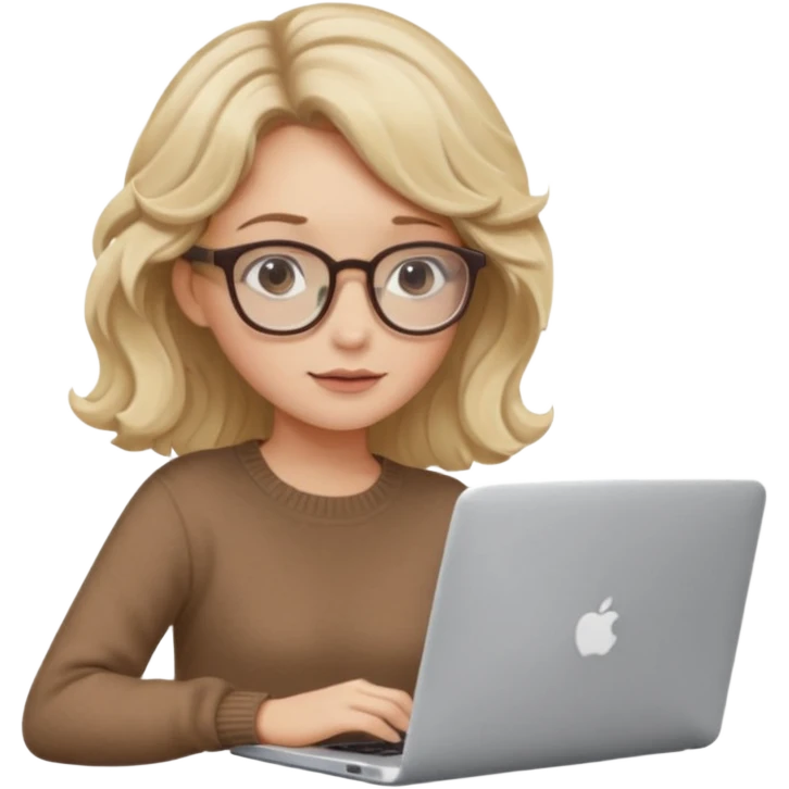 blonde girl with dark blonde wavy hair, pantos-style glasses, a brown sweater, sitting with a laptop, soft pastel colors, upper body shot emoji