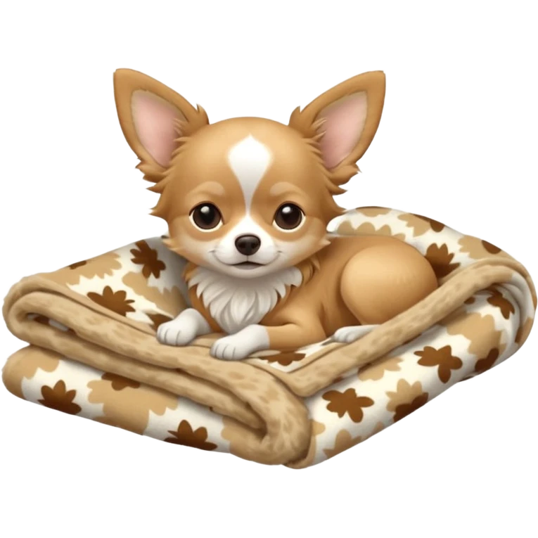 Long haired chihuahua, beige head, white chest and socks, sleeping cutely under blanket emoji