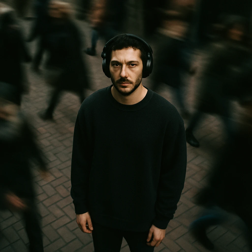Cinematic overhead shot of the person from the reference image standing still on a brick city sidewalk, wearing a dark oversized sweater. Motion-blurred crowd rushes past around him. Moody lighting, 35mm film look, shallow depth of field, sharp focus on the subject. Urban atmosphere. Maintain the realistic photographic style of the original image. emoji