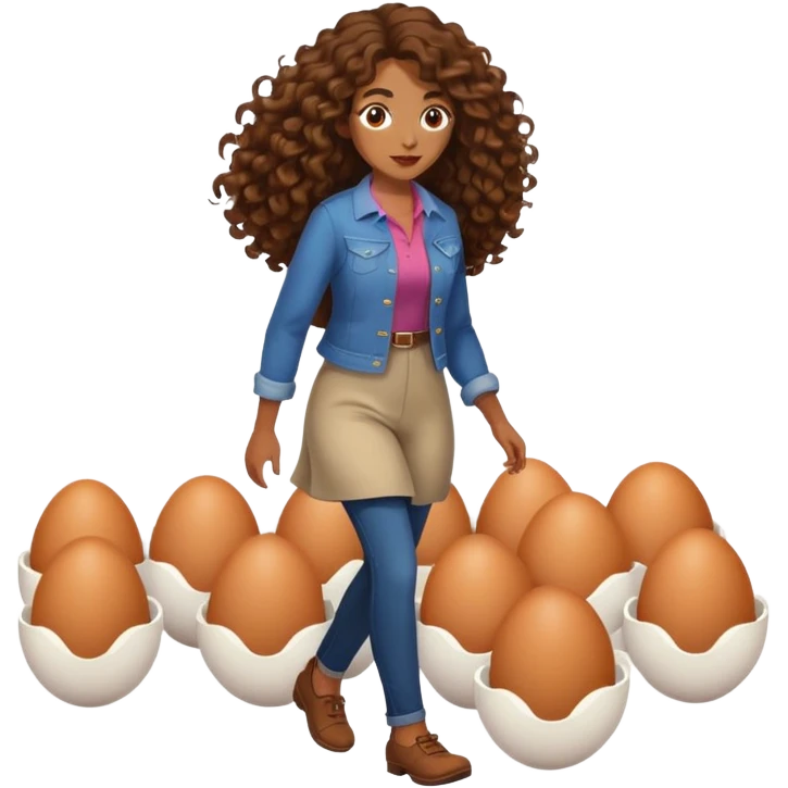 Femme, brune avec les cheveux longs et bouclés, qui marche sur des œufs emoji