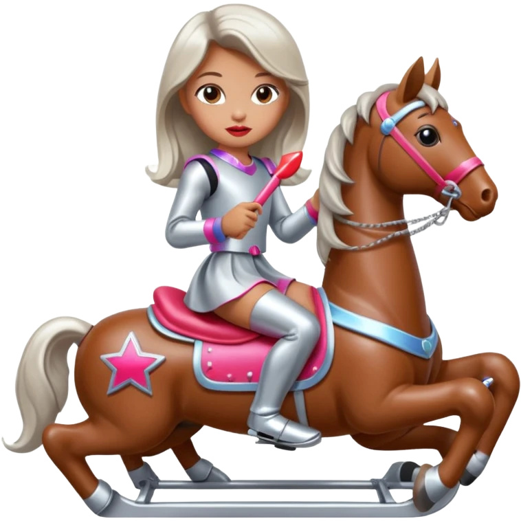 solarpunk - Seductive girl rides on a rocking horse and holds a huge lipstick emoji