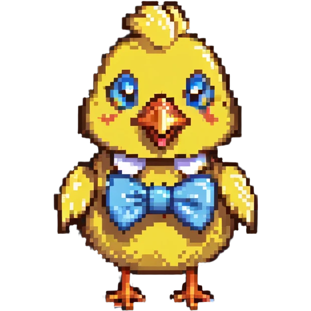 A pixel art chicken with a funny face wearing a bowtie emoji