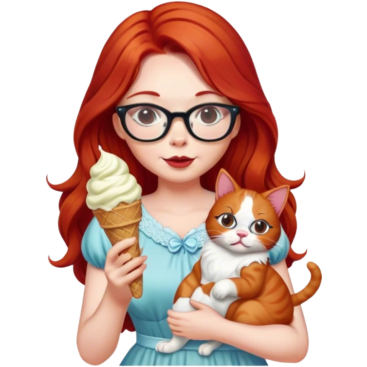 ￼ ผู้หญิงใส่ชุดเดรสถือแมวกินไอติมใส่แว่นผมยาวสีแดง emoji