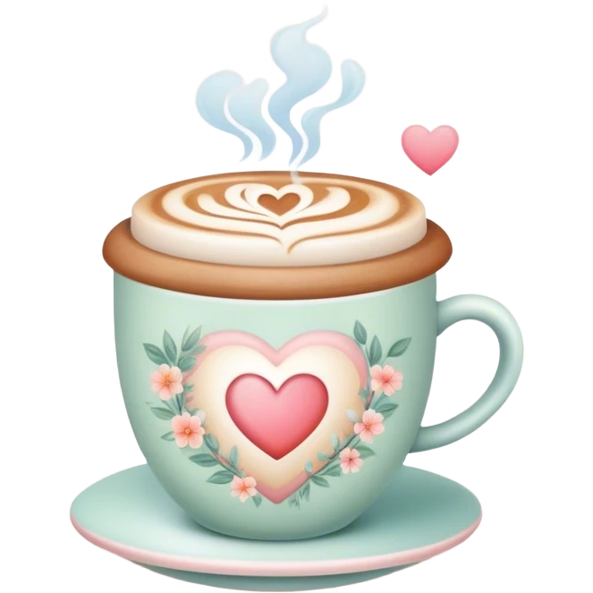 A cute coffee cup that emits warm steam, soft pastel colors, delicate floral patterns, heart-shaped - cozy and inviting! emoji