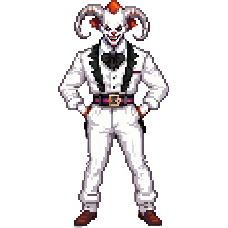full-body muscular demonic clown in black and white leisure suit with bellbottom pants, bald, black ram horns, flashy black and white belt, ruffled white shirt, no neck tie, large fangs emoji