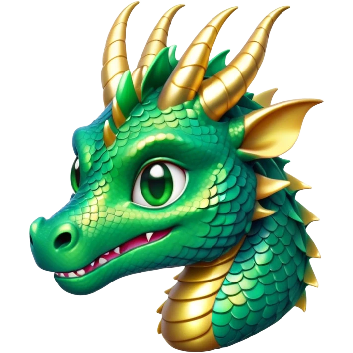 Cinematic Cute Dragon Portrait Emoji, Head tilted playfully and inquisitively, featuring a sleek, serpentine form adorned with iridescent scales that shift between emerald and gold, a delicate set of subtle horns, and round, sparkling eyes full of curious magic; rendered with realistic detail and warm natural light, high shine, affectionate and enchanting, styled with a touch of whimsical fantasy, soft glowing outline, capturing the essence of a mischievous yet lovable dragon that seems poised to slither playfully into your arms! emoji