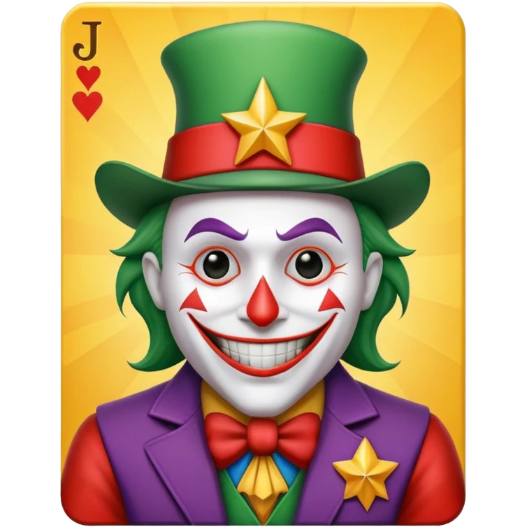 1 poker card, perfectly squared card, with crazy colorful human jolly joker inside, star symbol with a "J" emoji