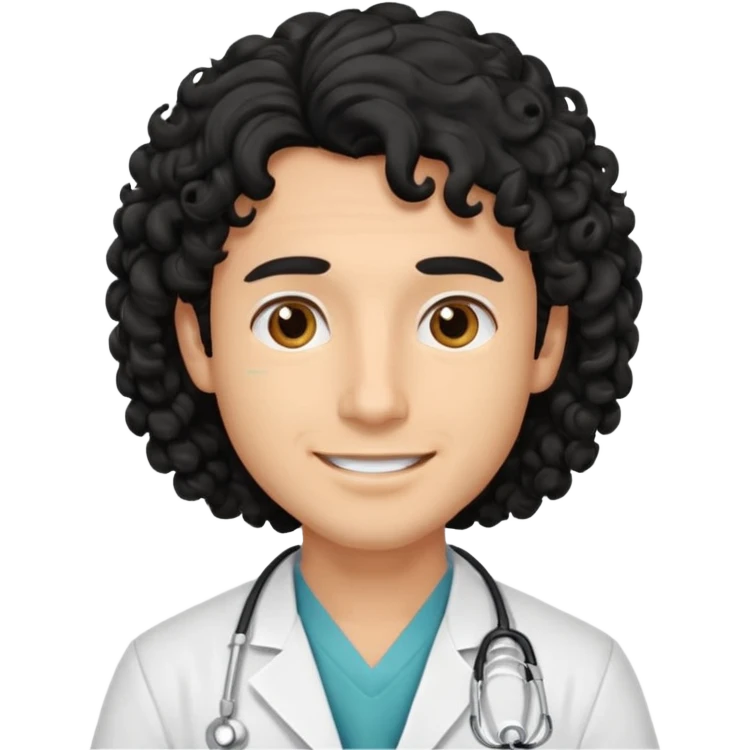 a young male doctor with black long curly hair and cheerful face without gpasses emoji