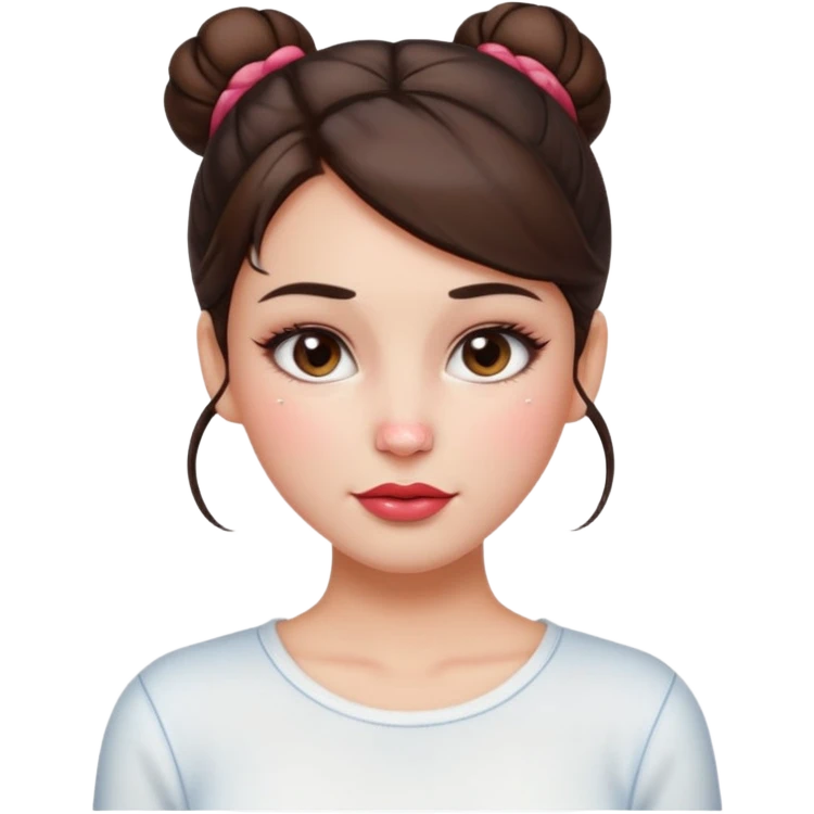 “Emoji brunette girl hair in bun white top, dewy skin, heavy blush across cheeks and nose bridge, glossy cherry lips, soft eyeliner, teary sparkling eyes like hanni from new jeans emoji