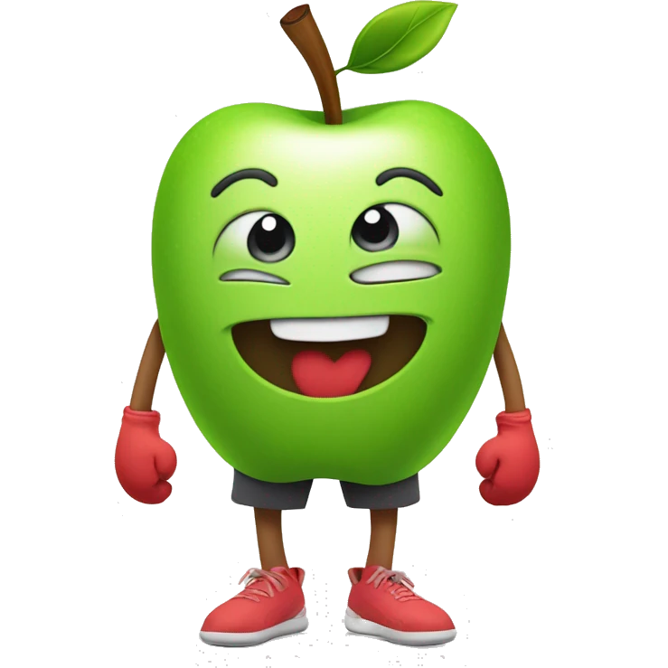 Apple in gym shorts with cartoon arms and legs smiles at the camera.  emoji