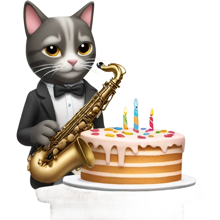 Cat playing alto saxophone with a birthday cake emoji