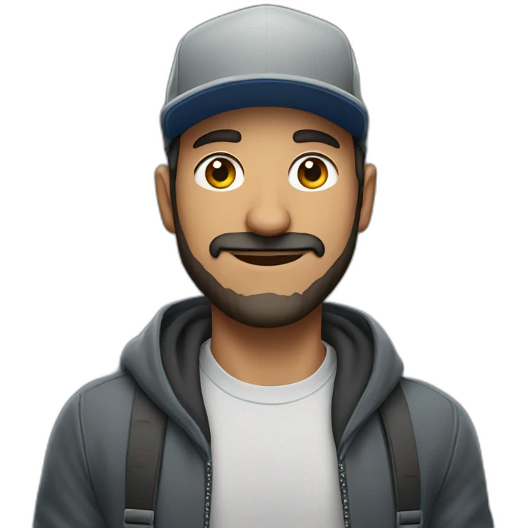 a Turkish man with a short beard and a snapback hat holding a big grey cat emoji