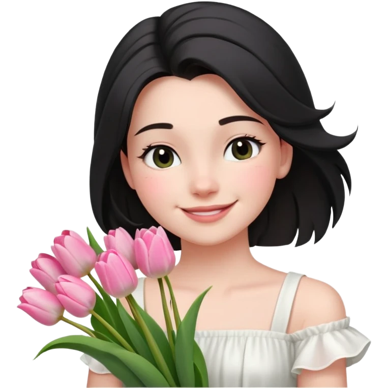  A girl Squint your eyes and smile with a black half-up half-down hairstyle, and a white dress, enjoying the spring breeze.Holding a bundle of pink tulips emoji
