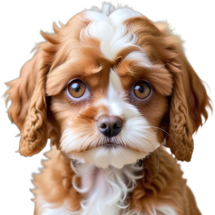 Cinematic Meme-Worthy Grumpy Apricot Cavoodle Portrait Emoji, Head held high but eyes filled with dramatic disappointment, smooth, curly apricot fur with striking white patches, deeply furrowed brow forming an unmistakable scowl, floppy ears slightly angled back in disapproval, piercing brown eyes glaring with pure exasperation, Simplified yet hilariously over-exaggerated features, highly detailed, glowing with an aura of supreme annoyance, high shine, exhausted yet judgmental, stylized with an almost regal pettiness, bright but brooding, soft glowing outline, capturing the essence of a companion that has seen it all and is thoroughly unimpressed, so meme-worthy it feels like it could instantly become the next viral sensation of grumpiness! emoji