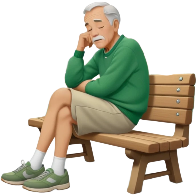 Old Man sleeping sideways on bench in green sweater, light brown shorts, and grey shoes with Disneyland in background emoji