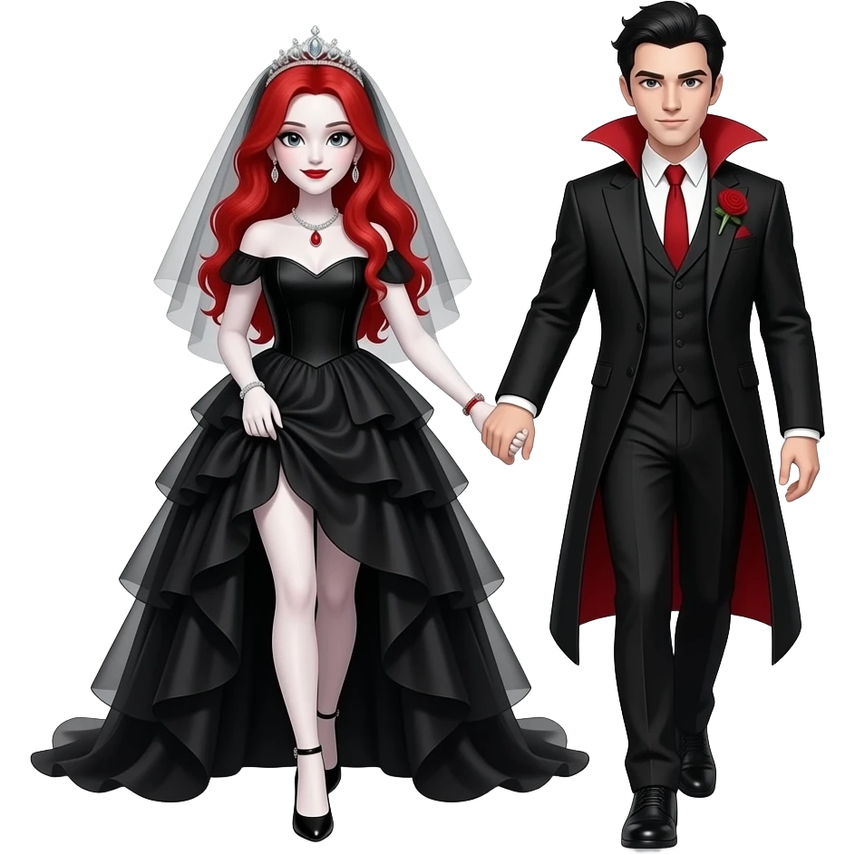 Vampiro femmina ADOLESCENTE con pelle bianca e capelli rossi indossa un vestito da sposa nera e una tiara di diamanti e l'anello rosso, e i tacchi e si dirige verso  il suo fidanzato mano nella mano VAMPIRO con la pelle bianca e i capelli neri emoji