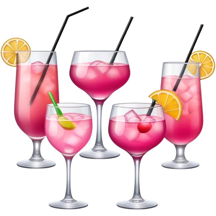 four glasses of cocktails that are happy, one is pink emoji