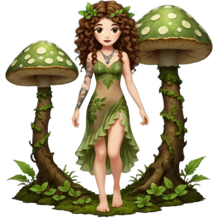 full body view of a woman with long curly brown hair, brown eyes, white skin, tattoos, wearing a sheer moss and leaf dress, standing barefoot on glowing mushrooms, confident pose, slight smirk emoji