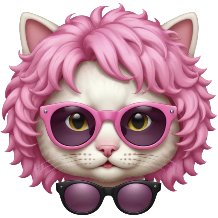 White cat wearing pink curly wig, black sunglasses emoji