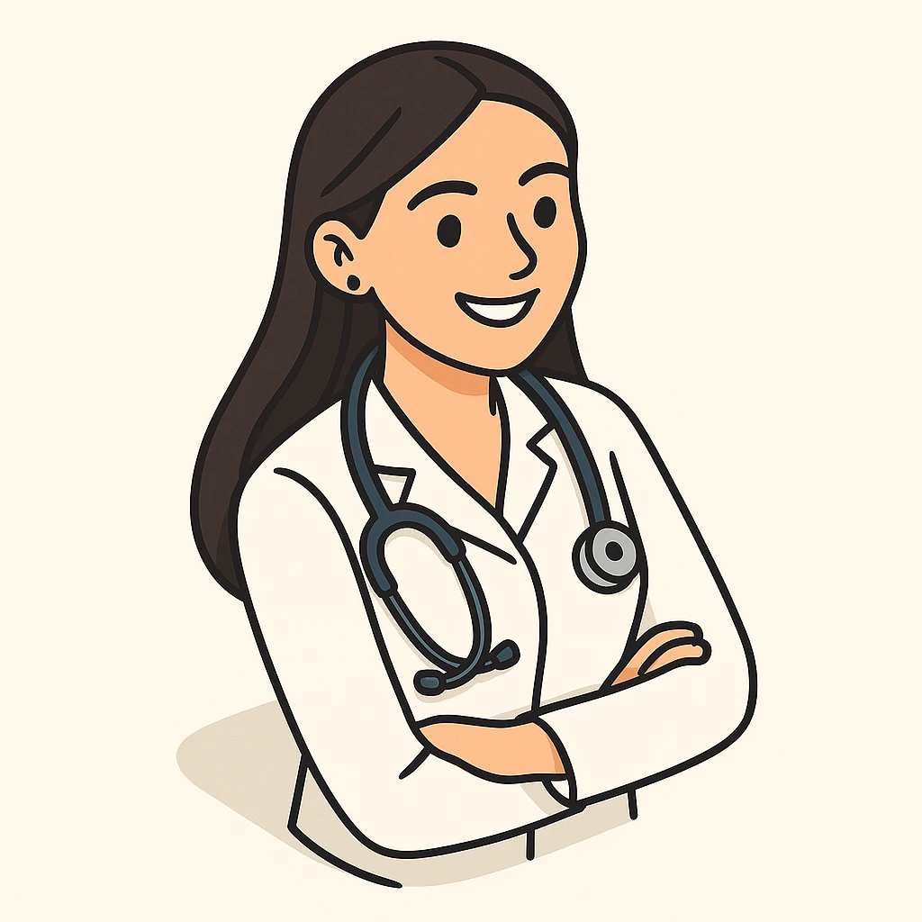 Edit the image of a female doctor with dark long straight hair and brown eyes, smiling, wearing a white medical coat in 2D isometric style with a minimalist background. Add a variation where she has a stethoscope around her neck. emoji