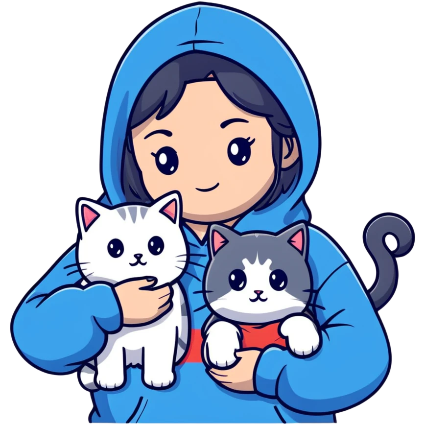 Girl with black hair wearing gray hoodie with a British shorthair blue and white cat and a long-haired blue and white cat emoji