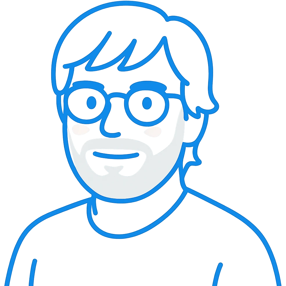 A man with stylish glasses, attractively disheveled longer hair that still looks nicely styled with perfect bangs across the forehead, a round face shape, and a broader nose. Use standard bright blue for all primary outlines and details, very subtle pink highlights restricted to the cheeks, and gray tones used only for the beard and minimal shadow details where necessary. emoji