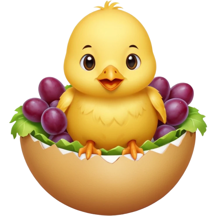 Chick in egg with salad around it (w cut grapes in it) emoji