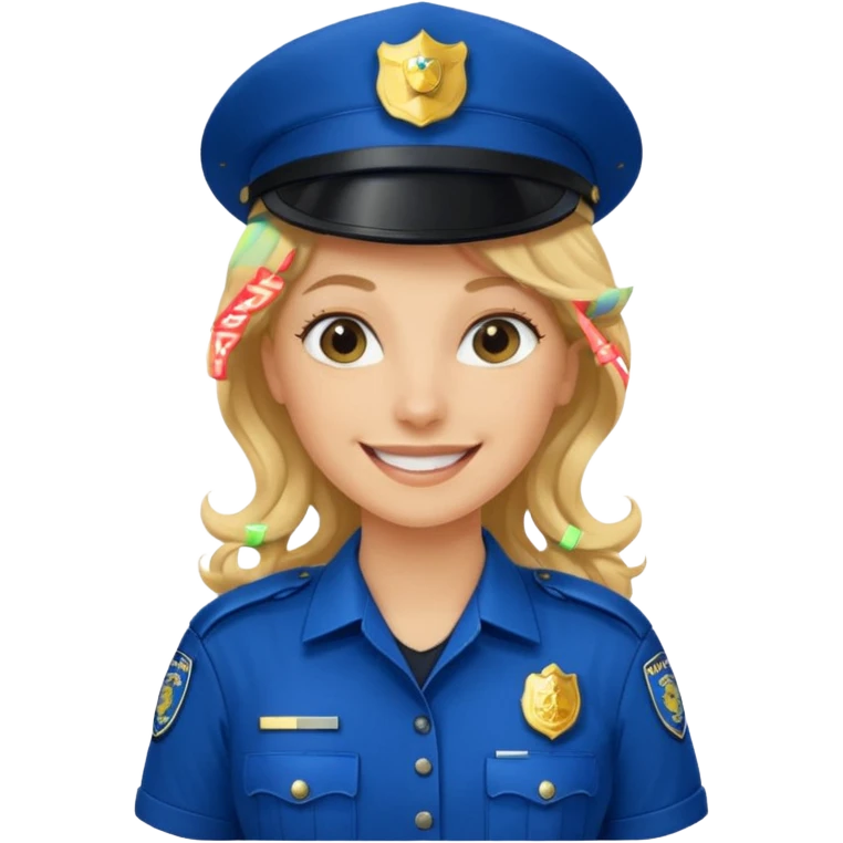 Female POLICE IN blue, long blonde curly hair, happy smile emoji
