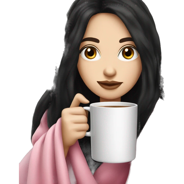 A pretty white girl with very long black hair  in a pink blanket sipping coffee emoji