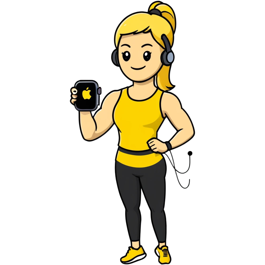 Sporty blonde woman in yellow top and black leggings, showing bicep, smiling, with wireless earbud and Apple Watch emoji