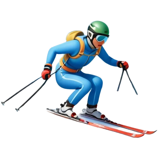 An icon featuring snowy peaks, pine trees, and a picturesque mountain landscape with a skier racing down a snow-covered slope. The sky is blue with soft clouds, capturing the thrill and beauty of alpine skiing. Transparent background highlights the excitement and serenity of winter sports. emoji