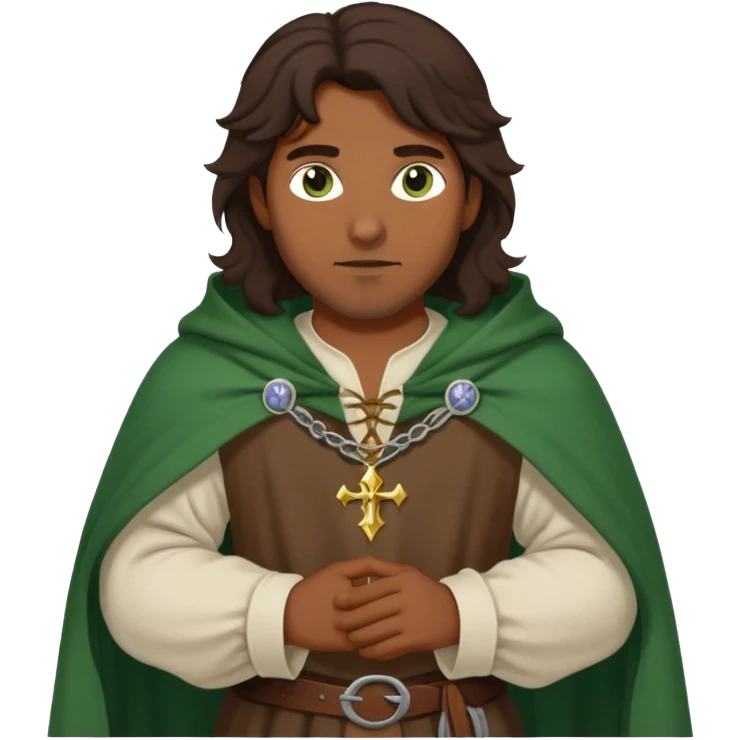 medieval outfit worn by a DnD themed fantasy character. basic linen shirt with a thick wool cloak. clothes only above the waist. The clothes full waist. The character's haven't arms. character is dark brown hair green eyes long wavy hair brown-skinned man. emoji